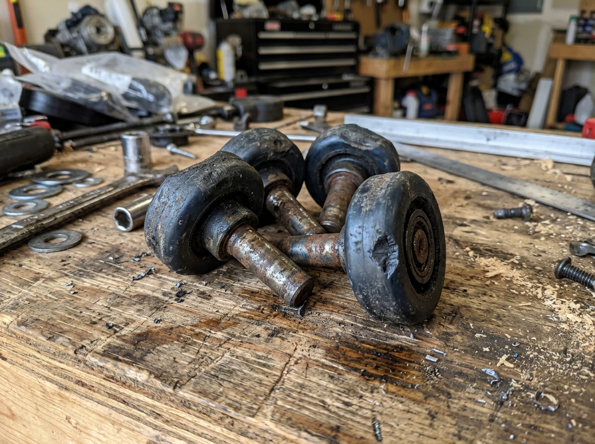 Worn garage door rollers showing flat spots and damage