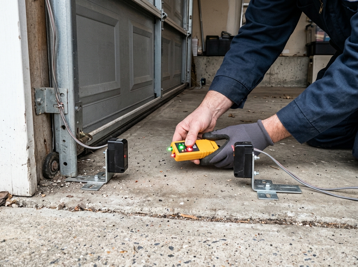 Technician testing garage door safety sensors in Detroit home