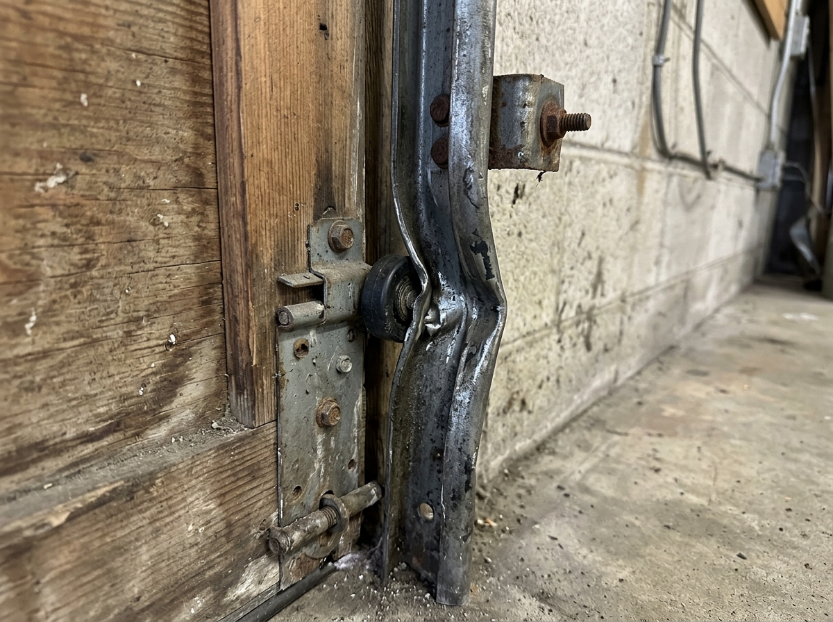Bent garage door track requiring repair in Detroit home