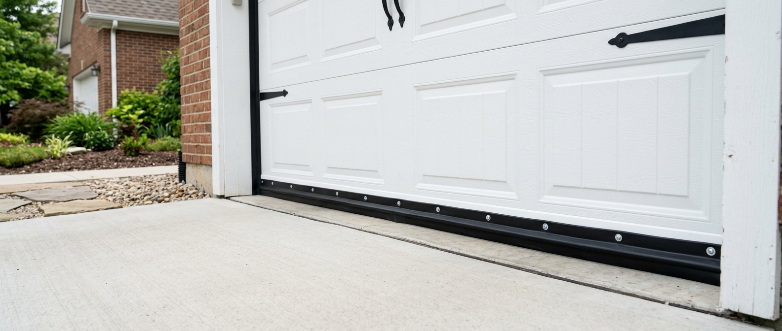 Newly installed garage door weatherstripping seal on a Detroit home