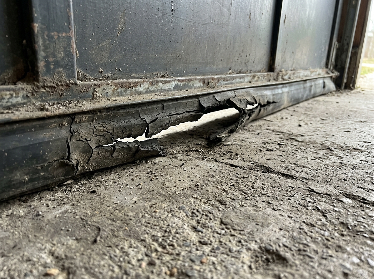 Worn garage door bottom seal with visible cracking and gaps