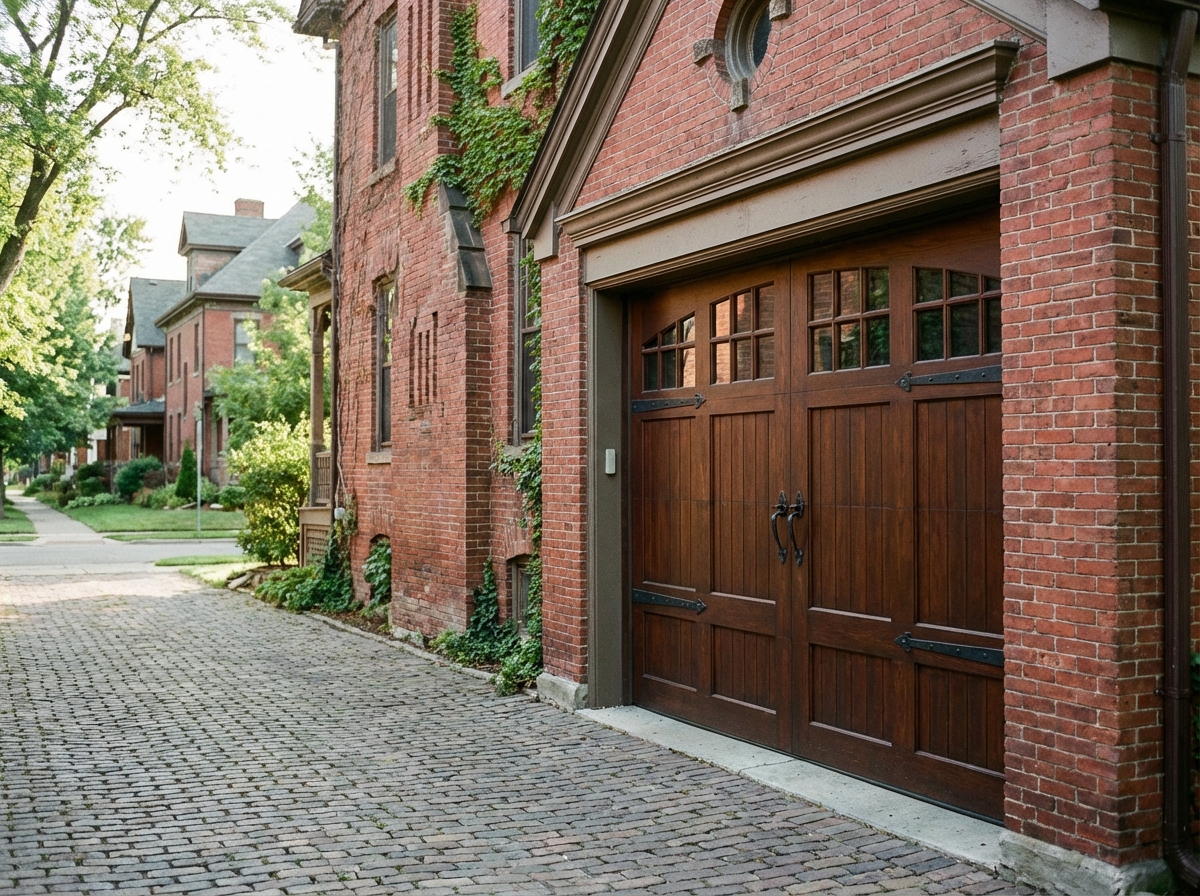 Custom wood carriage house garage door on historic Corktown brick building