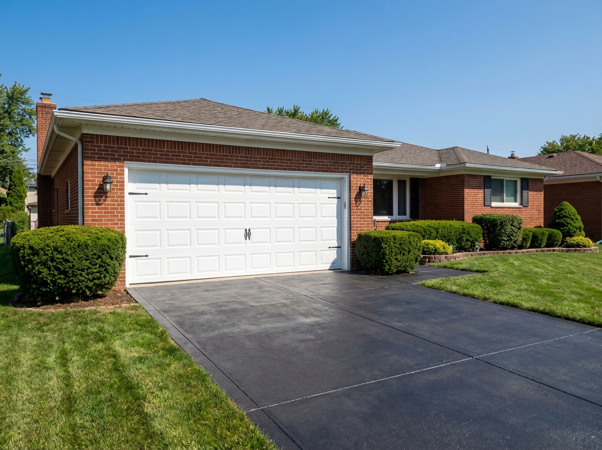 New white garage door installed on Dearborn Michigan brick ranch home