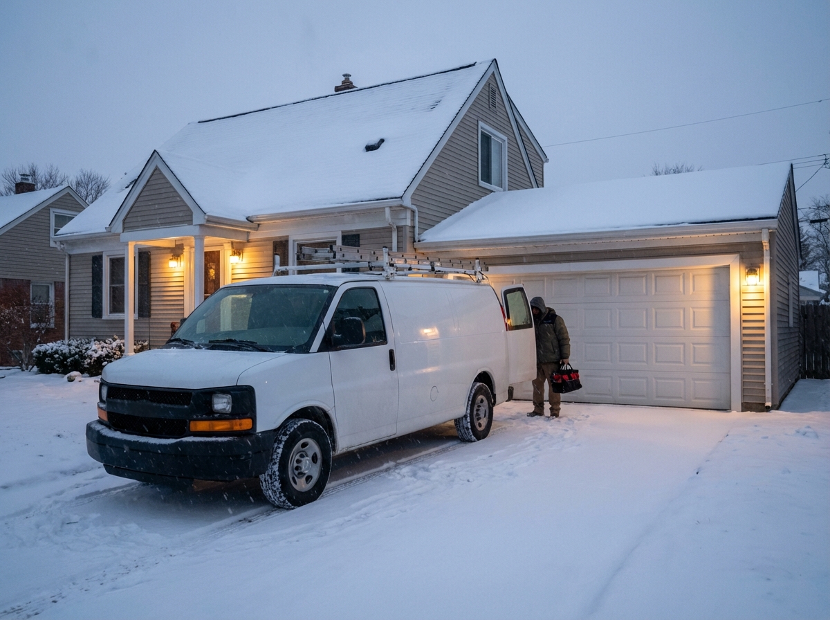 Service van in snowy driveway for emergency winter garage door repair in Royal Oak