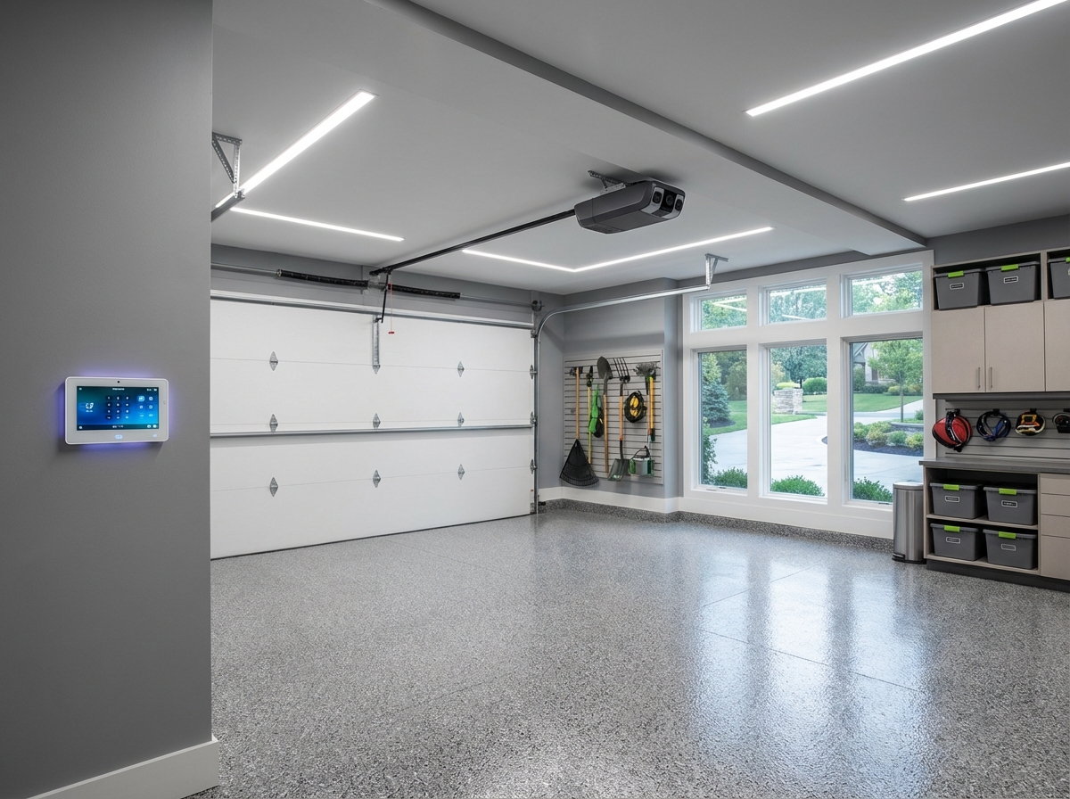 Modern smart garage door opener with wall keypad in clean Grosse Pointe garage