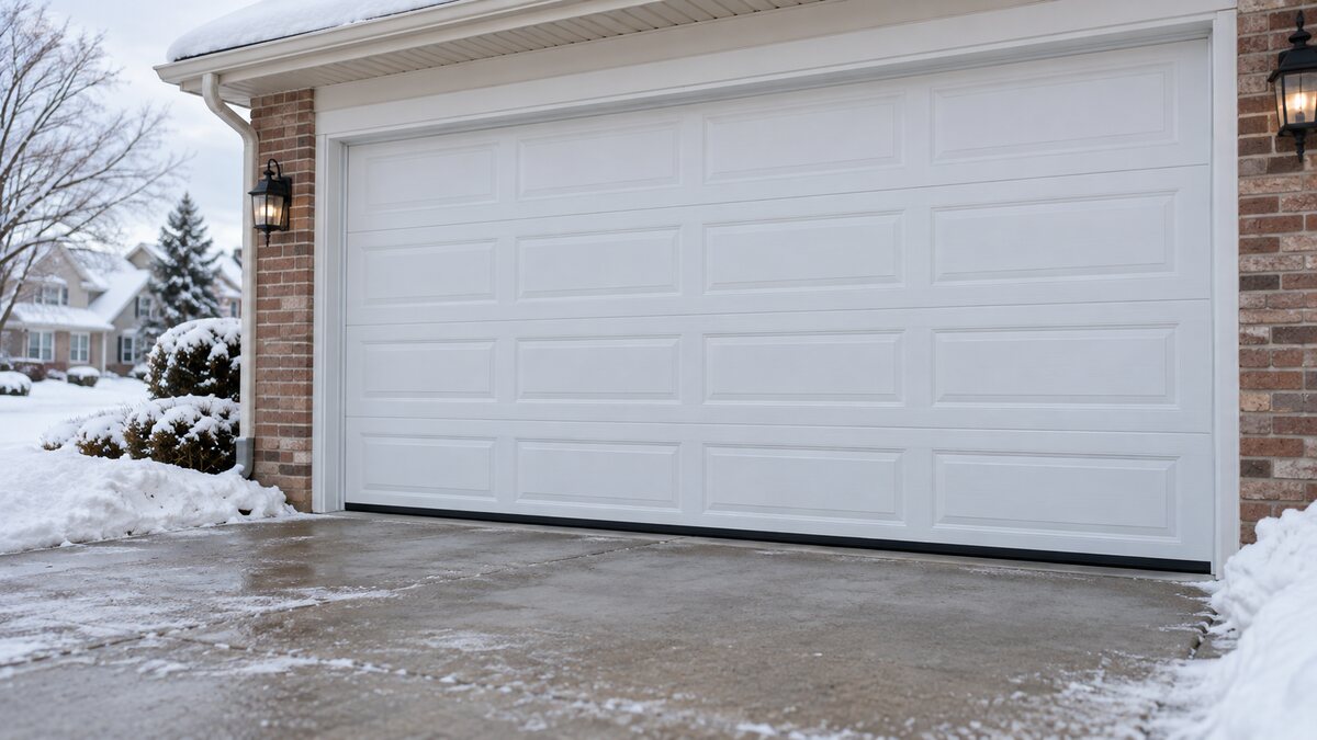 White two-car garage door with a dark bottom seal meeting a frosty driveway, snow piled beside the brick walls