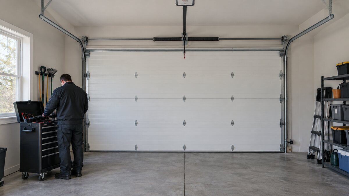 Technician at a tool cart inside a garage, below the torsion spring bar of a closed white garage door