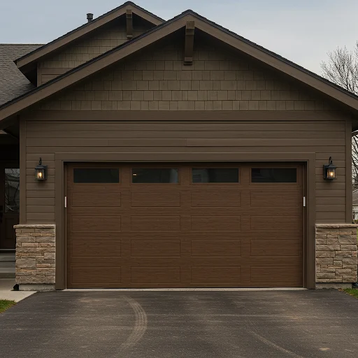 Modern composite garage door with a sleek wood-look finish on a craftsman home.