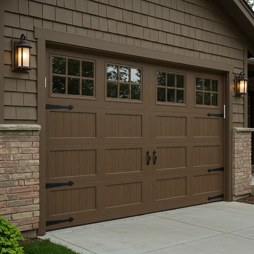 Composite garage door with a wood finish and minimalist panel design on a craftsman house