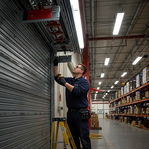 technician in a blue uniform and safety glasses stands on a yellow ladder inside a brightly lit warehouse, repairing a commercial, fire-rated roll-down garage door. He is using a tool near the top of the closed, gray metal door. Pallet racks filled with boxes are visible in the background.