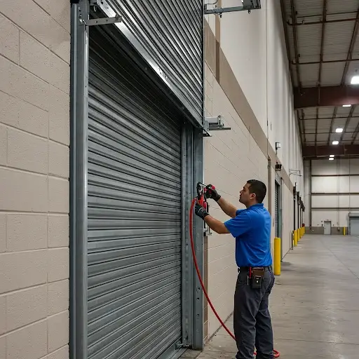 A technician in a blue shirt and dark pants uses a power tool with a red hose to work on the side track of a closed, gray commercial roll-up garage door. The door is installed in a light beige block wall, leading to a large, brightly lit warehouse interior with yellow safety lines on the floor and distant storage racks.
