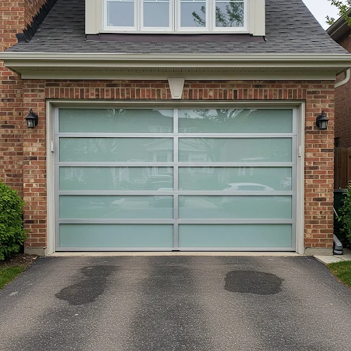 Modern garage door made entirely of frosted glass panels on a brick home.