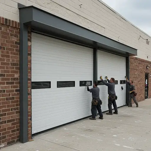 Technicians installing a new, modern garage door on a commercial property in Metro Detroit.