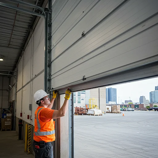 A worker in safety gear installs a large sectional commercial garage door at a warehouse.