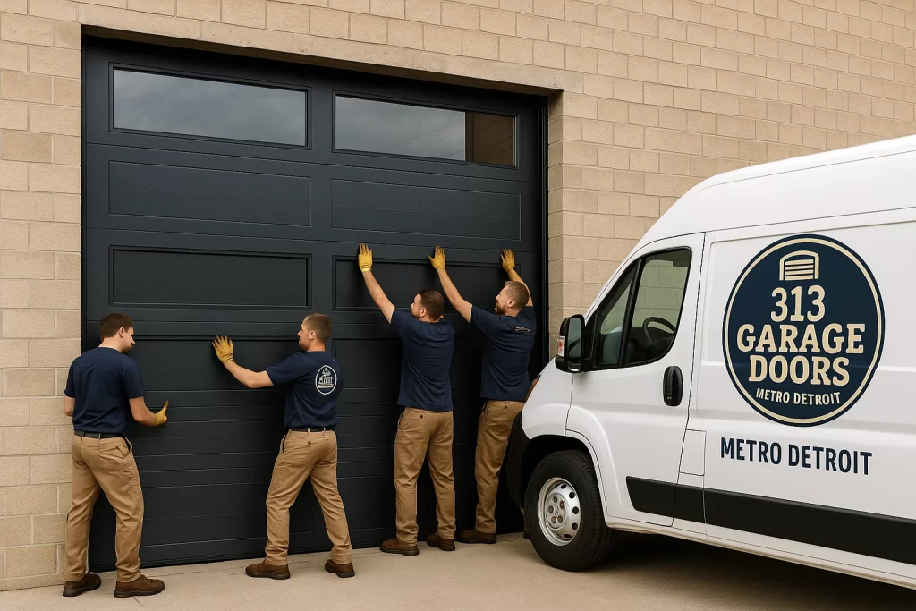 Four technicians from 313 Garage Doors install a modern commercial garage door at a beige brick building, with a branded service van parked nearby.