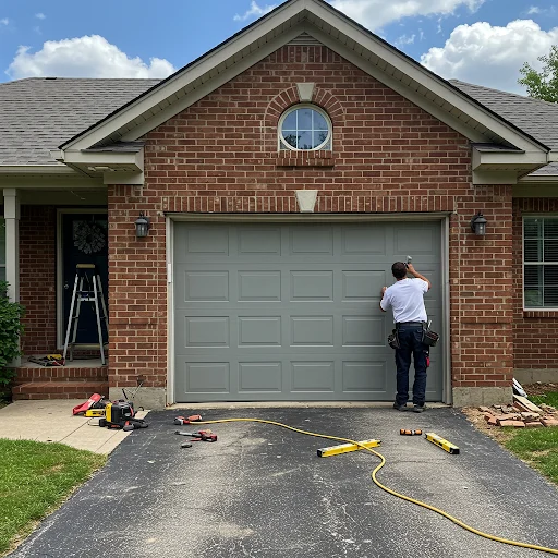 A technician in a white shirt and dark pants installs a gray, single-car garage door on a brick ranch-style home under a partly cloudy sky in Metro Detroit. Tools and equipment are laid out on the driveway.
