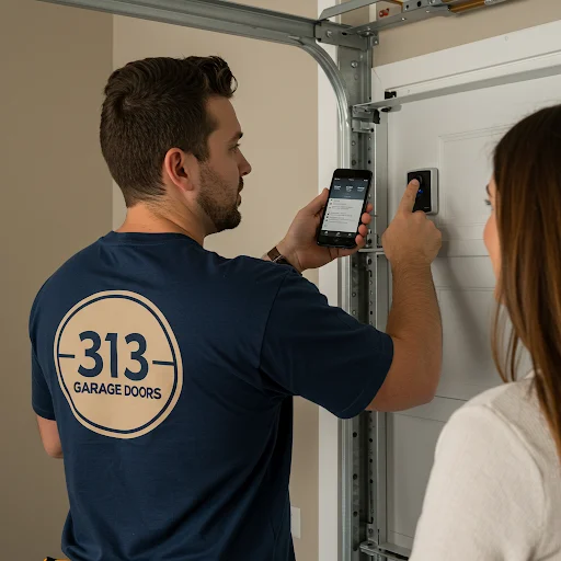A technician installs a smart garage door opener in a residential home.