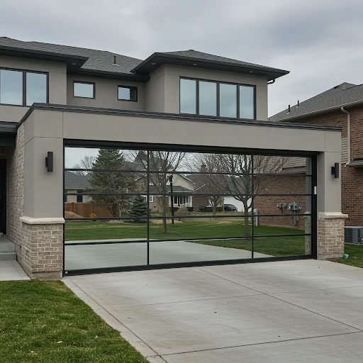 Mirrored glass garage door reflecting the surroundings on a modern home.