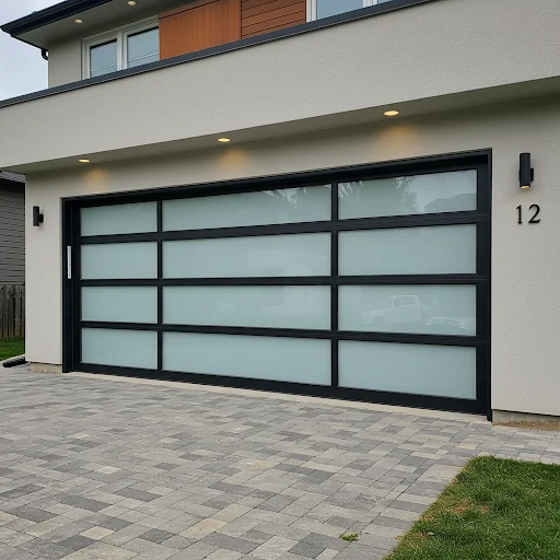 Modern aluminum and frosted glass garage door with a black frame on a contemporary home.