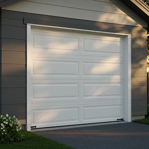 White single car garage door on a house with gray siding.