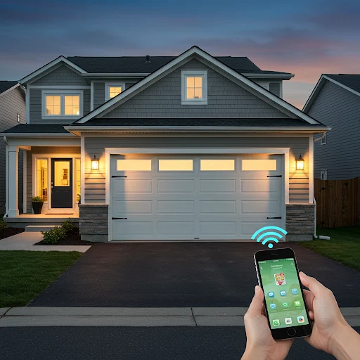 A hand holding a smartphone controls a garage door with a smart home app.