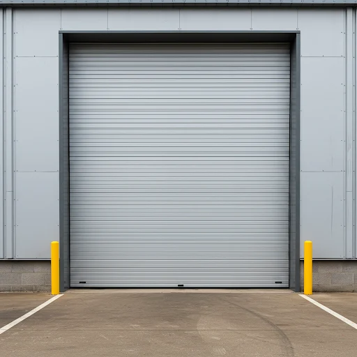 Closed, corrugated gray steel commercial garage door.