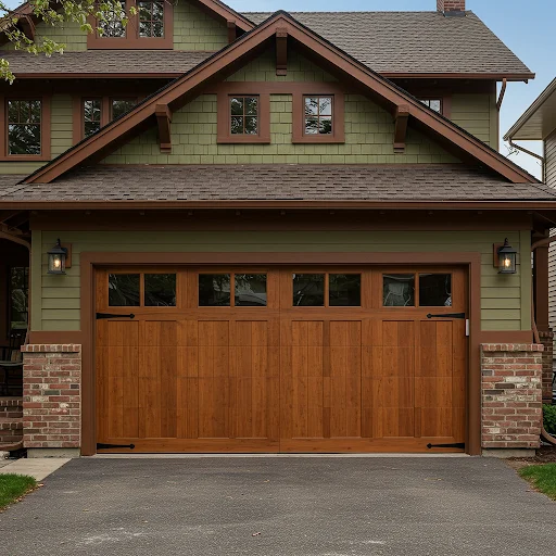 Elegant wood garage door with custom panels and window inserts on a craftsman home.