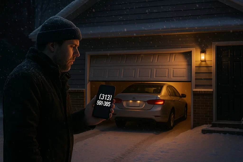 A man in winter clothing stands in falling snow outside his home at night, staring worriedly at a partially open garage door while holding a smartphone that shows the 313 Garage Doors emergency number — (313) 591-9635; a car is trapped inside the dimly lit garage.