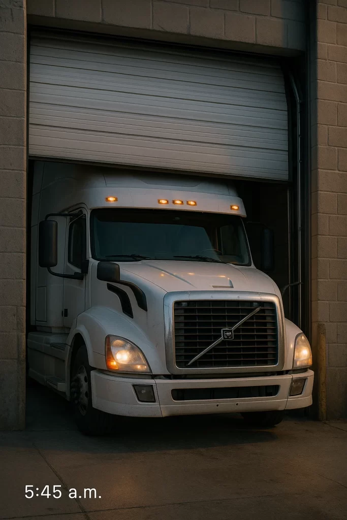 White Volvo semi-truck easing out of a commercial roll-up bay door that is only partially open at dawn, its running lights on and “5:45 a.m.” time-stamp in the lower-left corner.