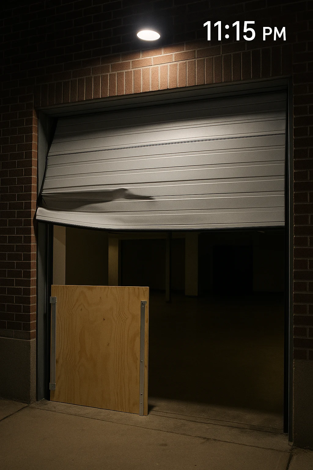 Commercial roll-up steel door badly dented and stuck halfway closed at 11:15 PM; a plywood barricade is propped in the opening beneath a single exterior light on a brick wall.