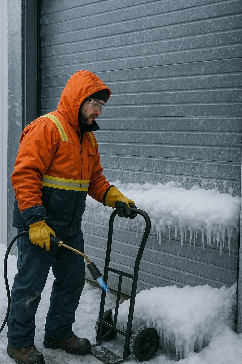 Technician in an orange, hi-vis winter jacket and gloves uses a propane torch to melt heavy ice buildup at the base of a frozen industrial roll-up door during a snowfall.