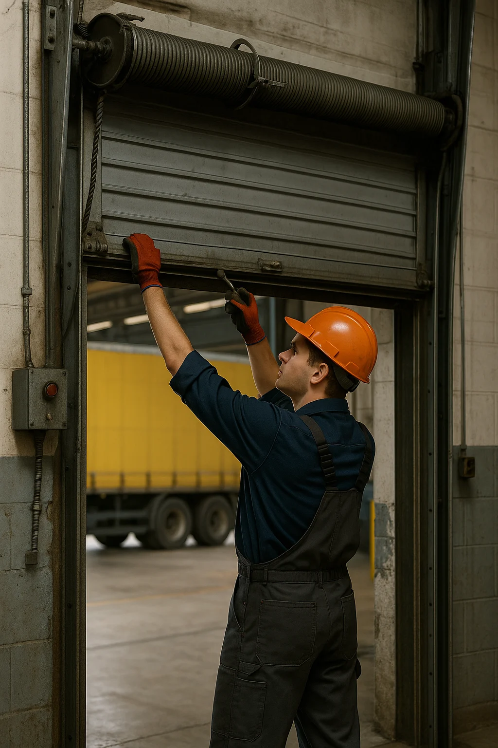 Technician in orange hard hat and red gloves adjusts the bottom edge of an industrial roll-up door inside a loading bay, with a yellow freight trailer visible outside