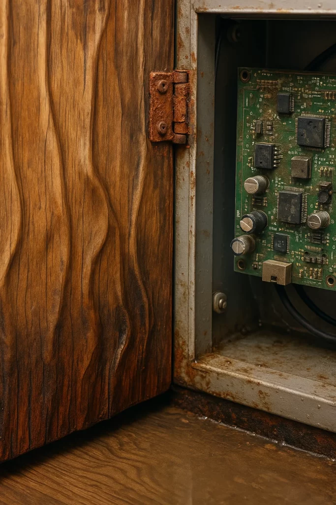Close-up of a flood-damaged garage-door opener cabinet: warped wooden door with rusted hinge swings open to reveal a corroded circuit board inside a metal housing, while muddy floodwater laps against the cabinet base