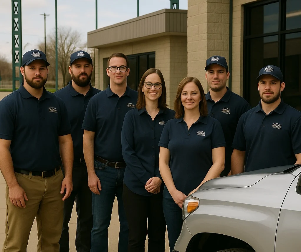 Team members of 313 Garage Doors standing outside company office in Detroit with branded uniforms and service truck