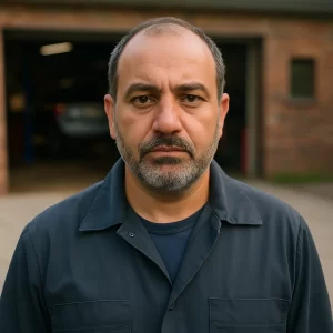 Portrait of Ahmed Hassan, a serious-looking auto mechanic standing outside a brick garage in Hamtramck.