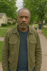 Anthony Brooks, a serious-looking older African American man, stands on a suburban sidewalk in Westland as people and a dog walk behind him.
