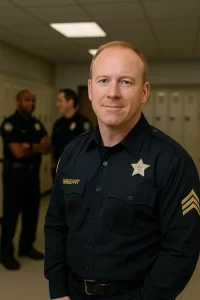 Police Sergeant Brian Griffin stands in uniform inside a Livonia police station locker room, with two fellow officers talking in the background.