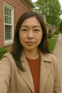 Denise Nguyen, a young Asian architect, takes a selfie outside a red brick home in a quiet Rochester Hills neighborhood.