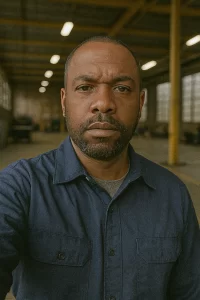 Grainy selfie of Devon Carter, a production supervisor, inside an industrial warehouse in Highland Park.