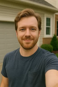 Casual selfie of Dylan Thompson, a young entrepreneur in Novi, standing outside his suburban garage.
