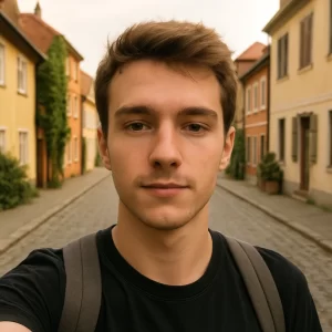 Young man taking a casual selfie while traveling on a quiet cobblestone street lined with colorful European-style buildings.