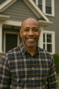 Portrait of Jamal Robinson, a smiling property investor in Ferndale, standing in front of a suburban home.