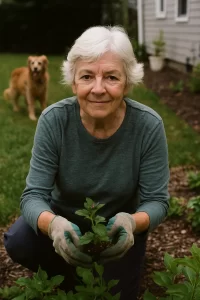 Elderly woman gardening in her backyard with a golden retriever in the background on a cloudy day in St. Clair Shores.