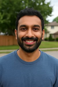 Kevin Patel, a South Asian man, smiles in a casual outdoor photo taken in a suburban Farmington Hills neighborhood.