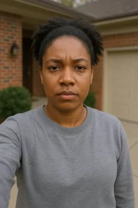 Serious selfie of an African American woman standing in front of her brick suburban home.