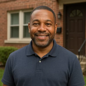 Happy homeowner Marcus Johnson in Midtown Detroit after professional garage door installation by 313 Garage Door.