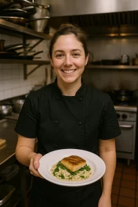 Chef Olivia Moore smiles while holding a plate of seared fish over risotto in a professional restaurant kitchen in Plymouth, Michigan.