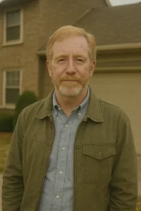 Candid outdoor photo of Patrick O’Connor, a middle-aged Caucasian man, standing in front of his suburban garage.