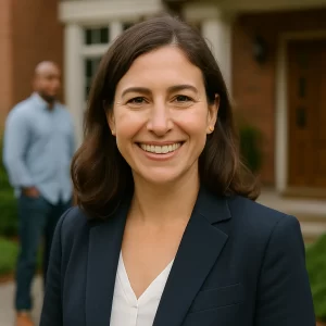 Smiling realtor Rachel Cohen in front of a Bloomfield Hills home, with clients chatting in the background.