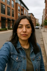 Stephanie Martinez, a young property manager, takes a casual selfie on a street lined with red brick loft buildings in Downtown Detroit.